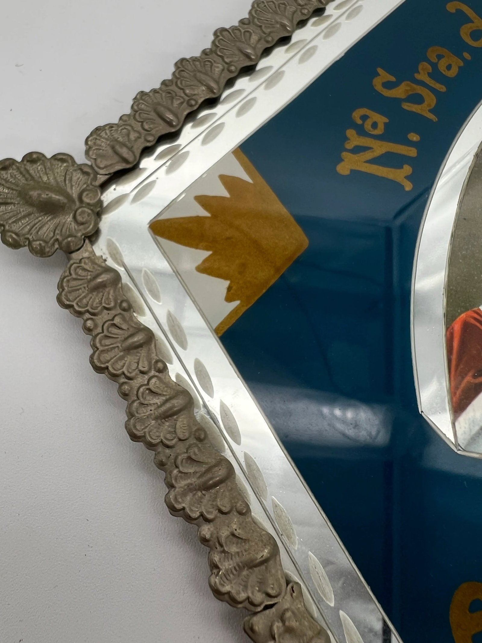 Vintage Silver & Glass Portuguese Our Lady of Fatima Bless This House Sign - 3