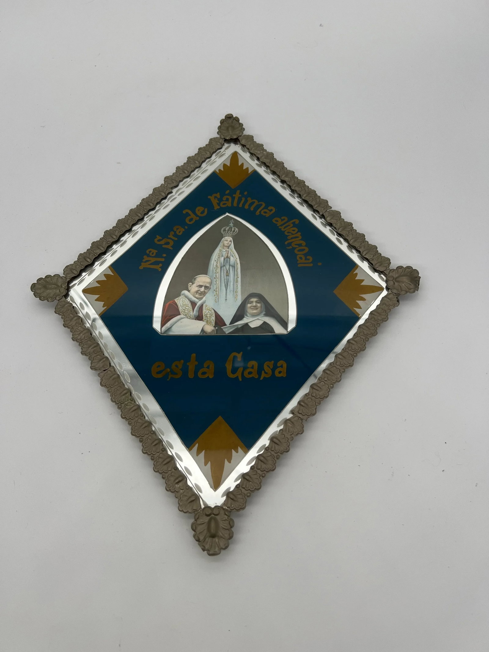 Vintage Silver & Glass Portuguese Our Lady of Fatima Bless This House Sign - 4