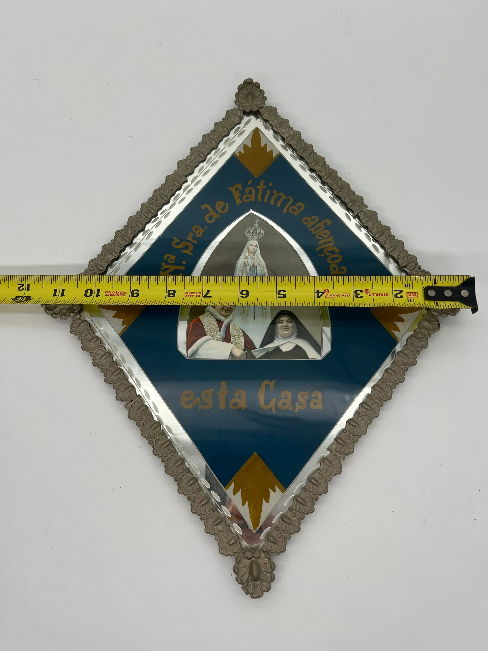 Vintage Silver & Glass Portuguese Our Lady of Fatima Bless This House Sign - 6