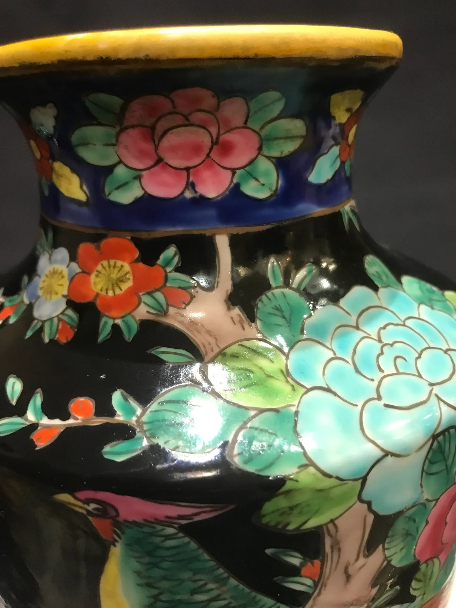 Vintage Large Chinoiserie Asian Vase Famille Bird Flower Butterfly - 11