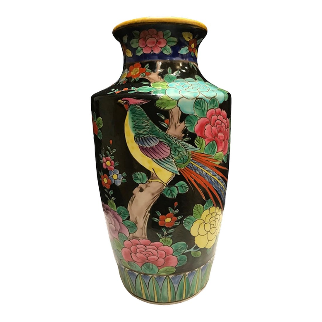Vintage Large Chinoiserie Asian Vase Famille Bird Flower Butterfly: Vintage Hand Painted Chinoiserie Pottery Vase This artful hand-painted vessel depicting vibrant flowers, bird, butterfly on a black ground. Asian garden aesthetic- A bird is a symbol of luck, love,