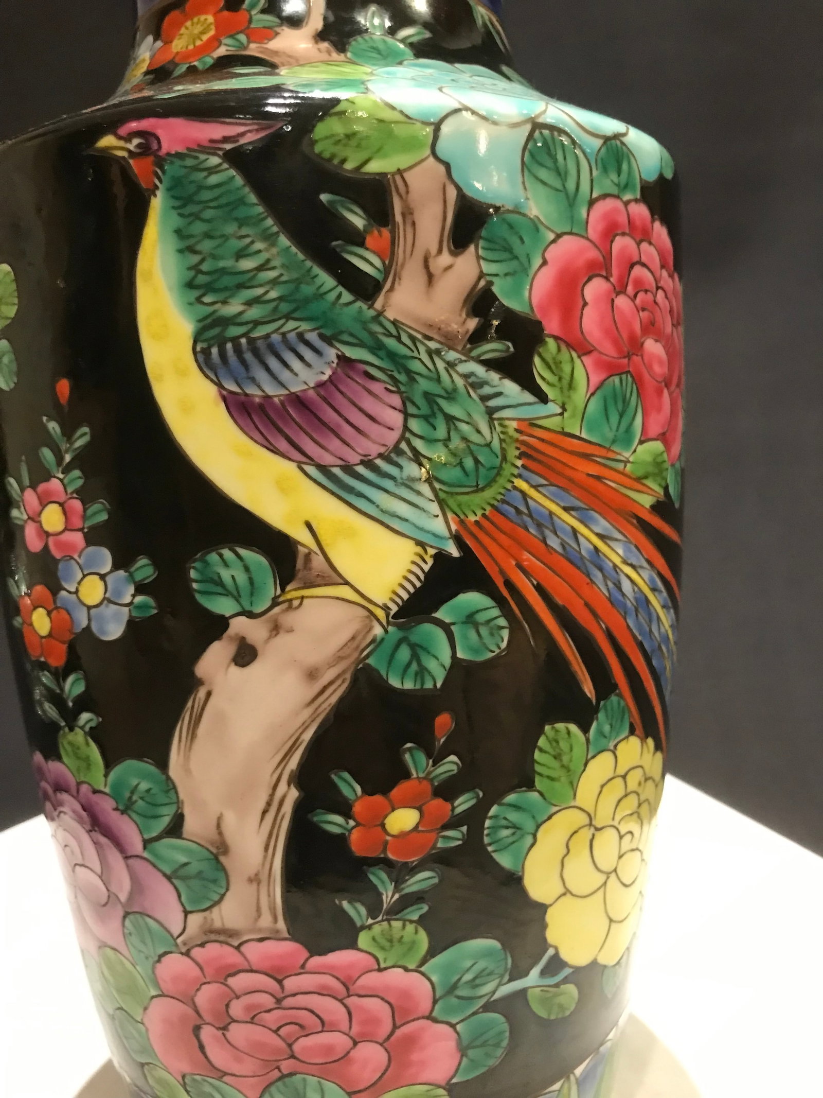 Vintage Large Chinoiserie Asian Vase Famille Bird Flower Butterfly - 7