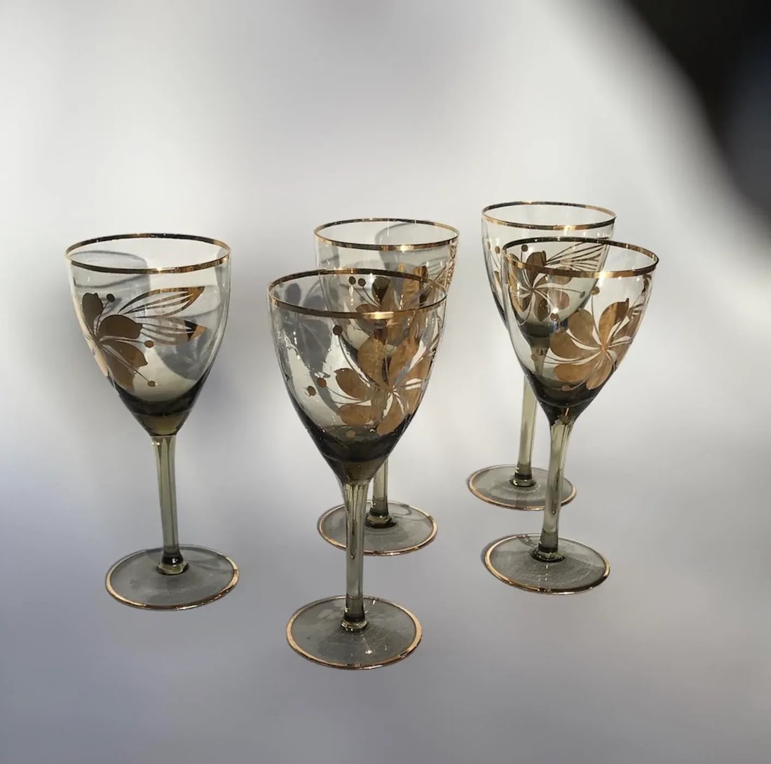 1950s Bohemian Stemmed Barware Aperitif Cordial Smokey Brown With Gold Overlay Glassware- Set of 5 - 11