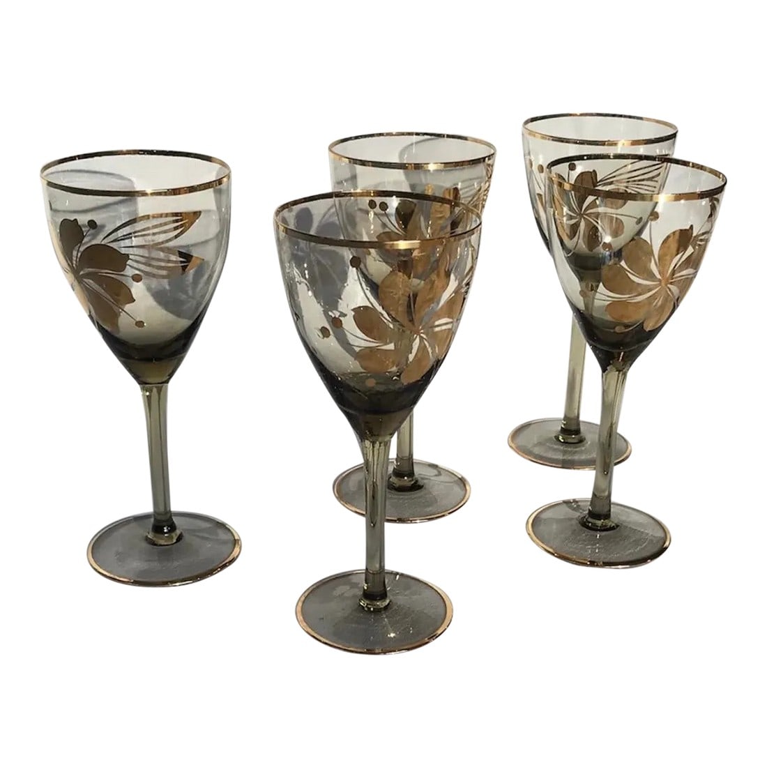 1950s Bohemian Stemmed Barware Aperitif Cordial Smokey Brown With Gold Overlay Glassware- Set of 5 (1 of 11)