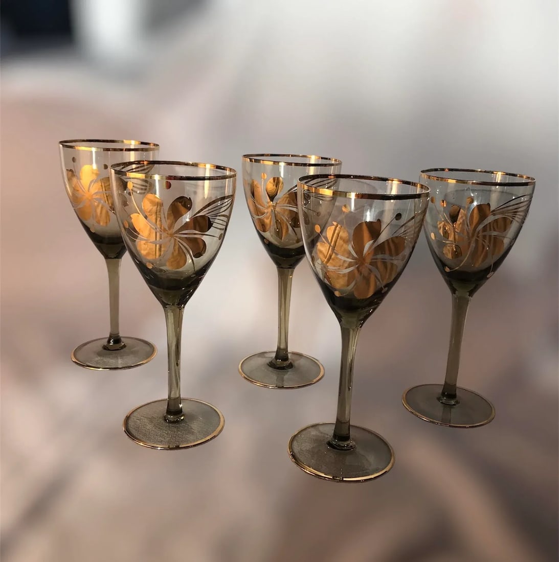 1950s Bohemian Stemmed Barware Aperitif Cordial Smokey Brown With Gold Overlay Glassware- Set of 5 - 2
