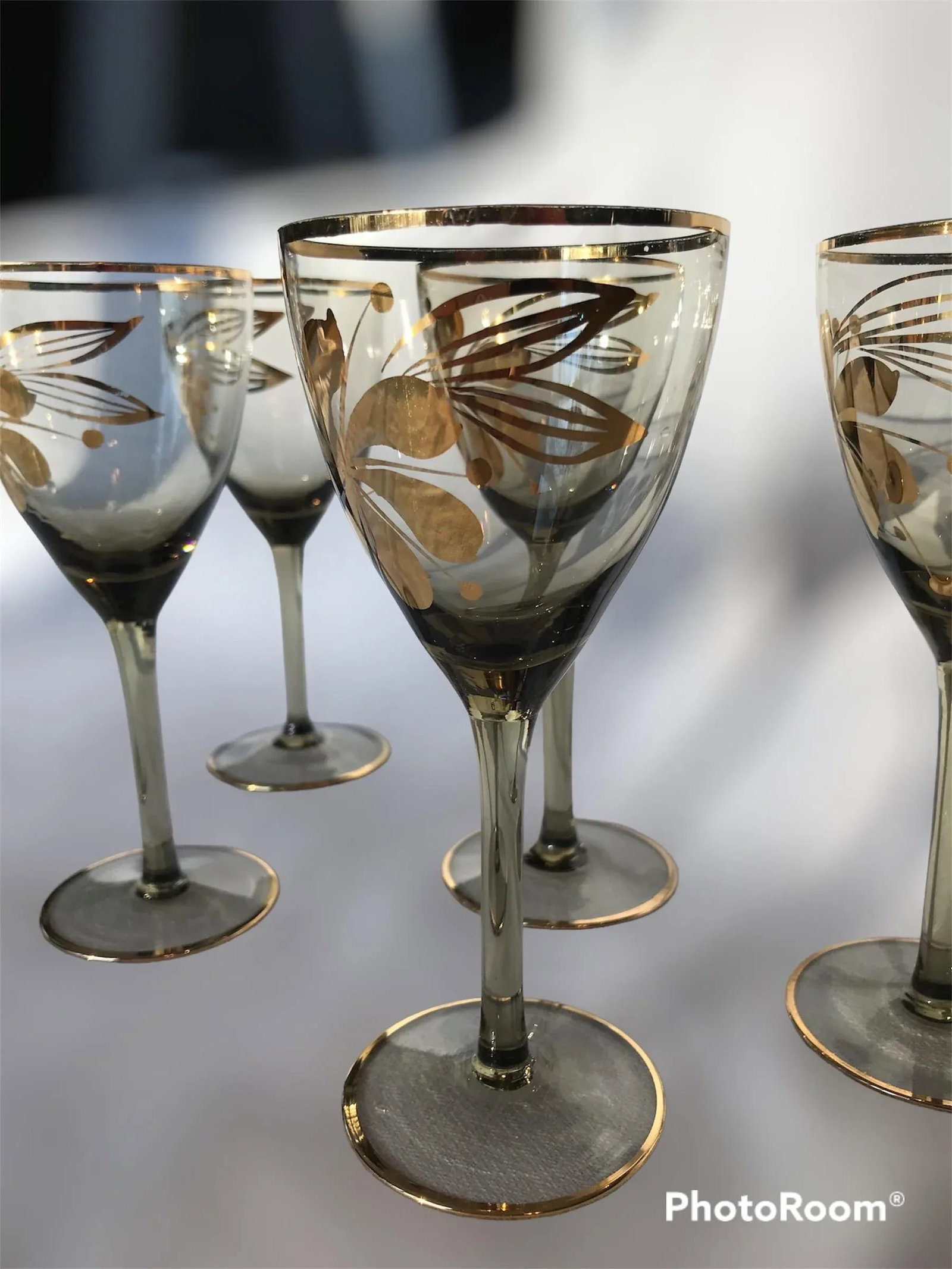 1950s Bohemian Stemmed Barware Aperitif Cordial Smokey Brown With Gold Overlay Glassware- Set of 5 - 4