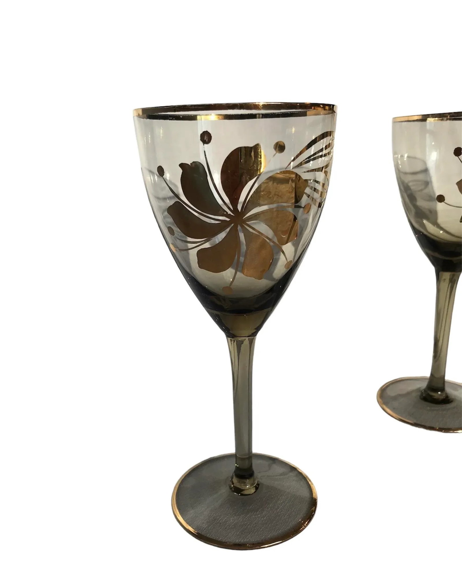 1950s Bohemian Stemmed Barware Aperitif Cordial Smokey Brown With Gold Overlay Glassware- Set of 5 - 6