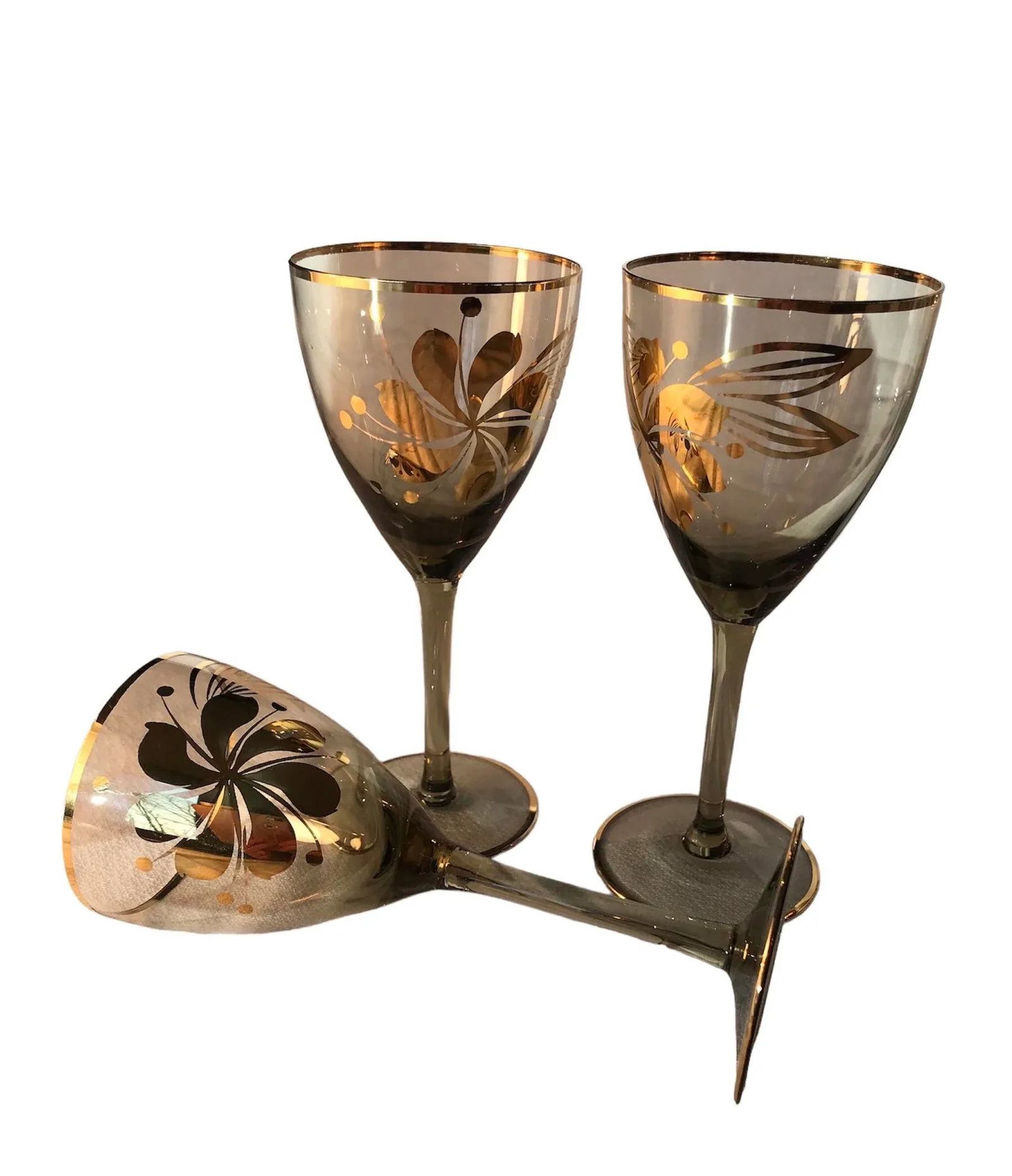 1950s Bohemian Stemmed Barware Aperitif Cordial Smokey Brown With Gold Overlay Glassware- Set of 5 - 7