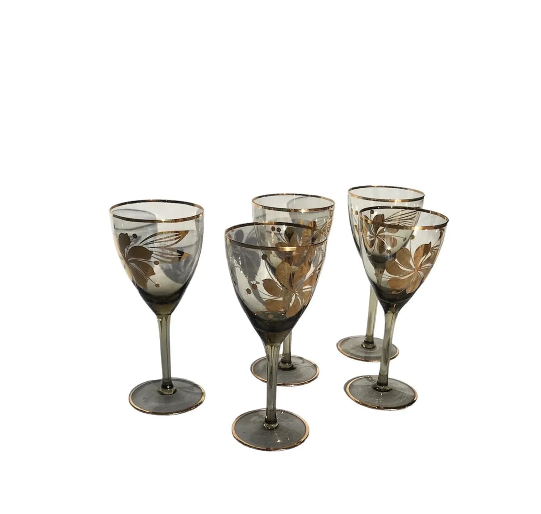 1950s Bohemian Stemmed Barware Aperitif Cordial Smokey Brown With Gold Overlay Glassware- Set of 5 - 9
