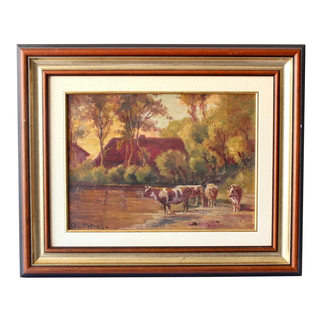 French Pastoral Landscape W/ Cows Oil Painting, Dated 1931: Painted in 1931 by D. Petroff, a Russian artist who emigrated to France after the 1917 Russian Revolution, this pastoral oil painting captures the calm of rural life. Cows graze by a quiet pond,