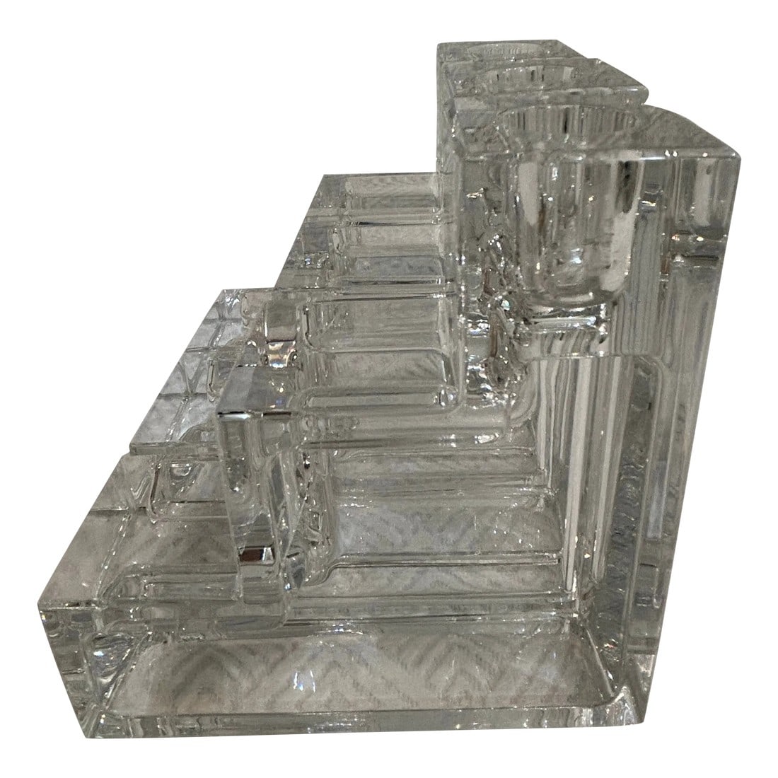 Late 20th Century Art Deco Modernist Wilber L Orme Mma Glass Candlestick Holders - a Set of 3: These glass candlestick holders were produced by the Cambridge Glass Co for the Metropolitan Museum of Art. They are replicas of the original "Pristine Table Architecture " by Wilmer L Orme c. 1938.