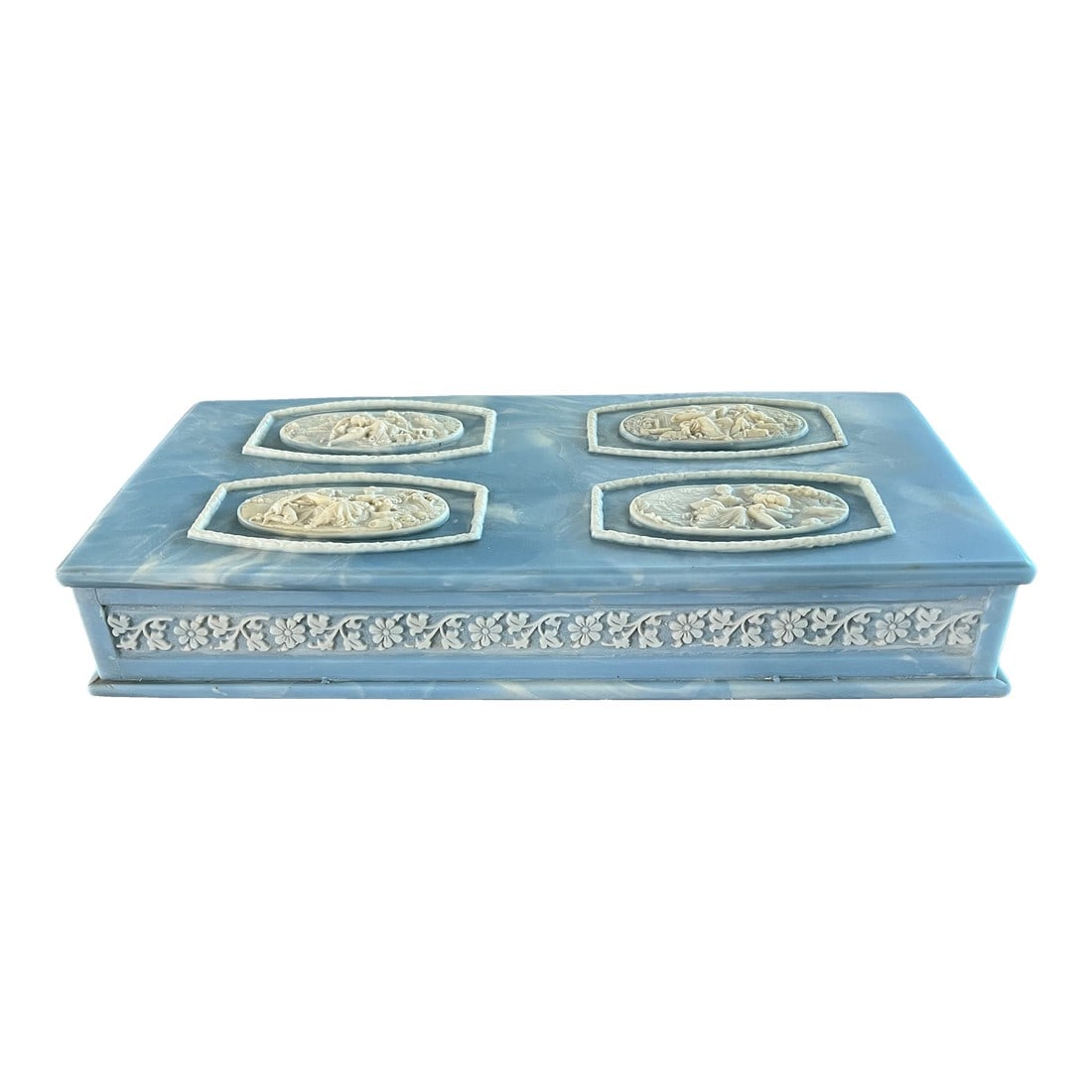 1960s Vintage Blue Marbled Incolay Large Stone Jewelry Box With Raised Relief Cameos of Lovers Court: I love Incolay. It is such a cool invention. For those of you who love marble, it is quite extrodinary. Incolay was developed in the 1960s, using a marble like substance with differing colored