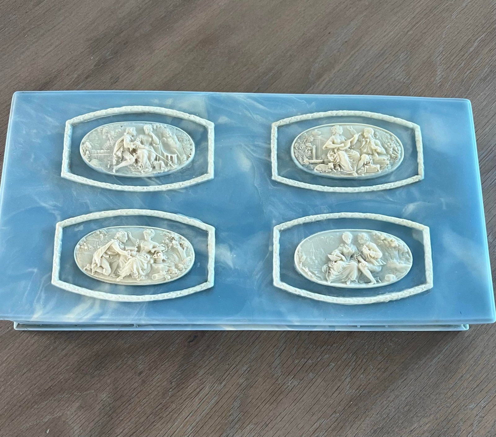 1960s Vintage Blue Marbled Incolay Large Stone Jewelry Box With Raised Relief Cameos of Lovers Court - 2