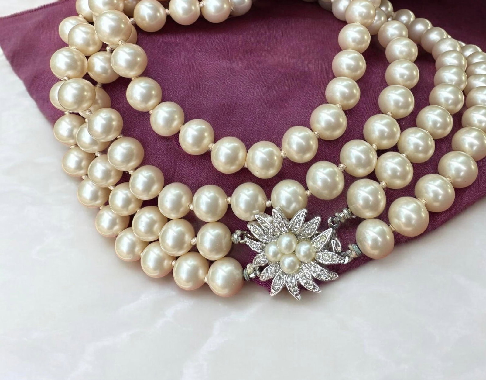 Mid 20th Century Marvella Double Strand Faux Pearl Necklace Silver Floral Rhinestone Clasp - 10