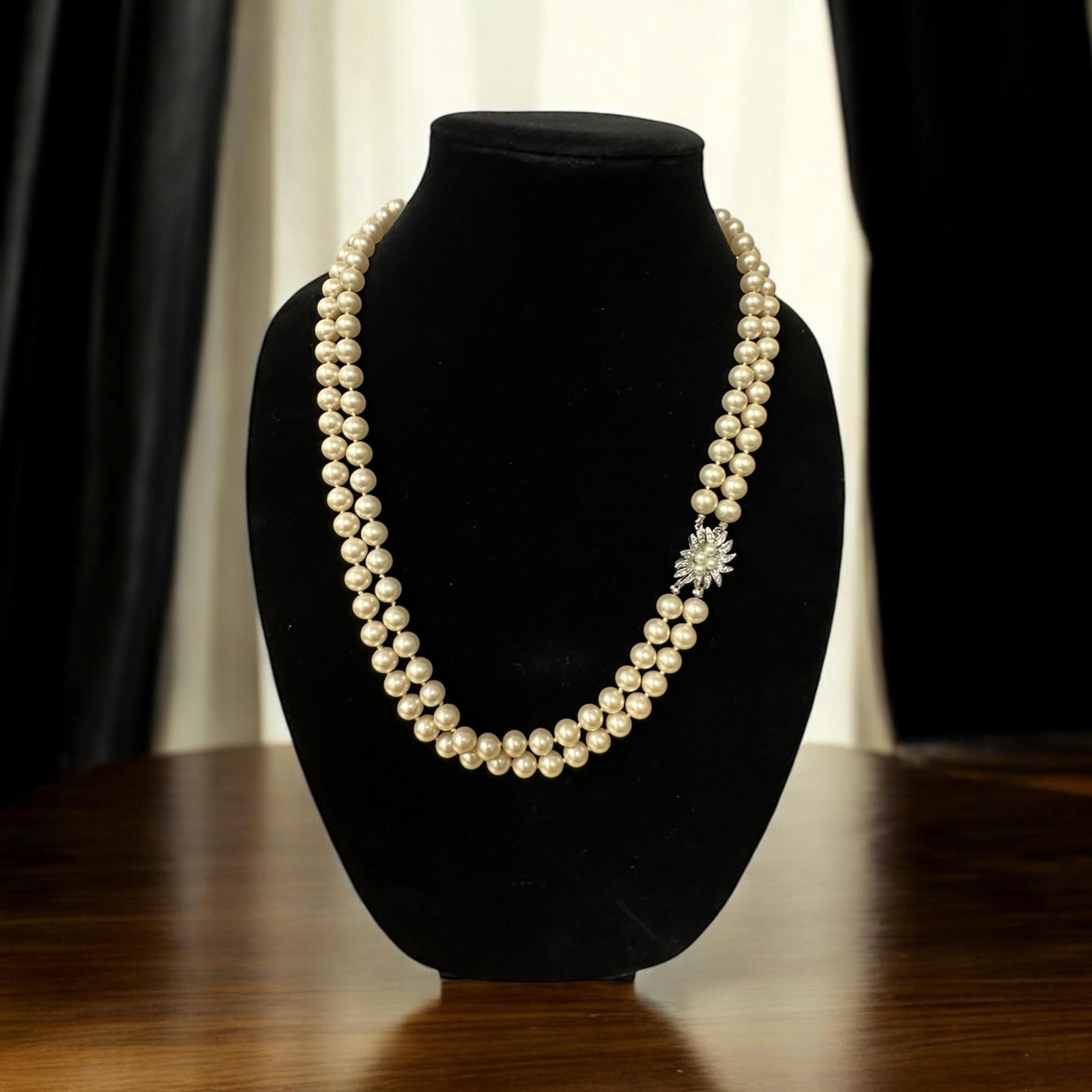 Mid 20th Century Marvella Double Strand Faux Pearl Necklace Silver Floral Rhinestone Clasp - 12