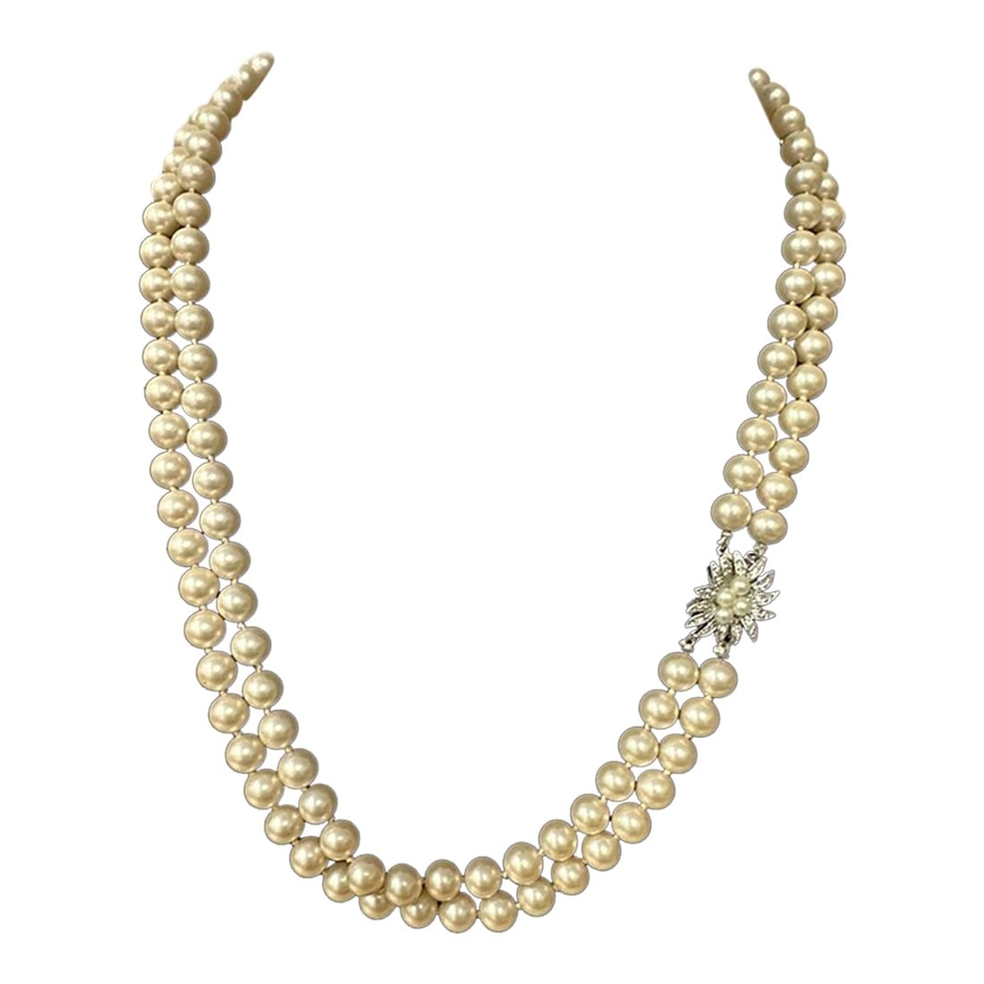 Mid 20th Century Marvella Double Strand Faux Pearl Necklace Silver Floral Rhinestone Clasp: By Marvella, Vintage Double-strand hand knotted simulated pearl necklace. Decorative push-in Silver-tone clasp in floral design with rhinestones and pearl cluster in center. Wear clasp to back,