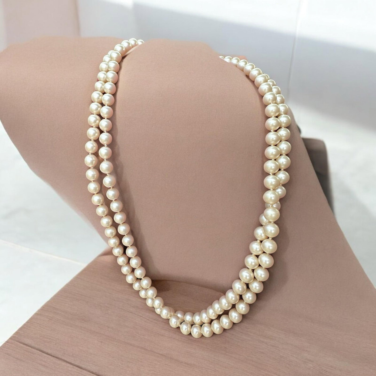 Mid 20th Century Marvella Double Strand Faux Pearl Necklace Silver Floral Rhinestone Clasp - 2