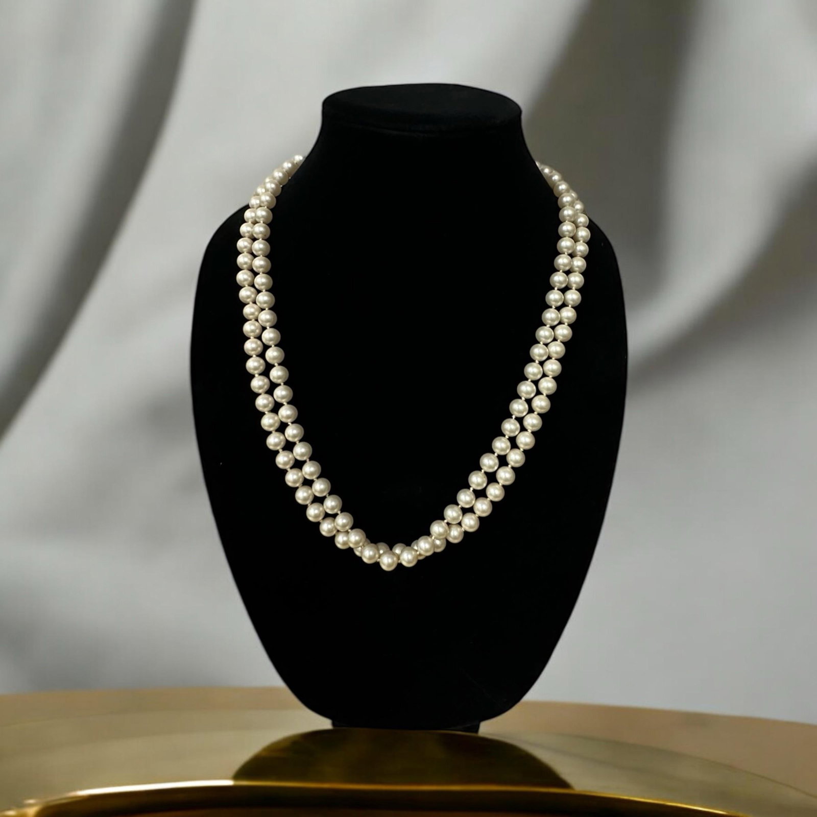 Mid 20th Century Marvella Double Strand Faux Pearl Necklace Silver Floral Rhinestone Clasp - 3