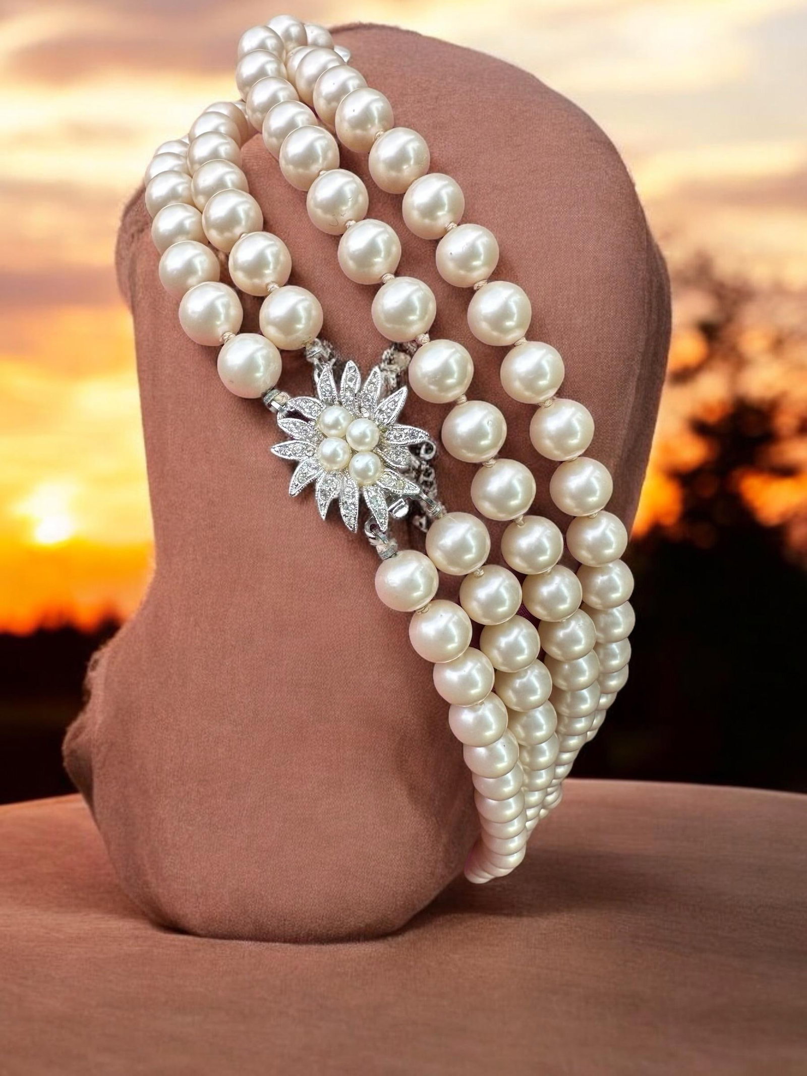Mid 20th Century Marvella Double Strand Faux Pearl Necklace Silver Floral Rhinestone Clasp - 5