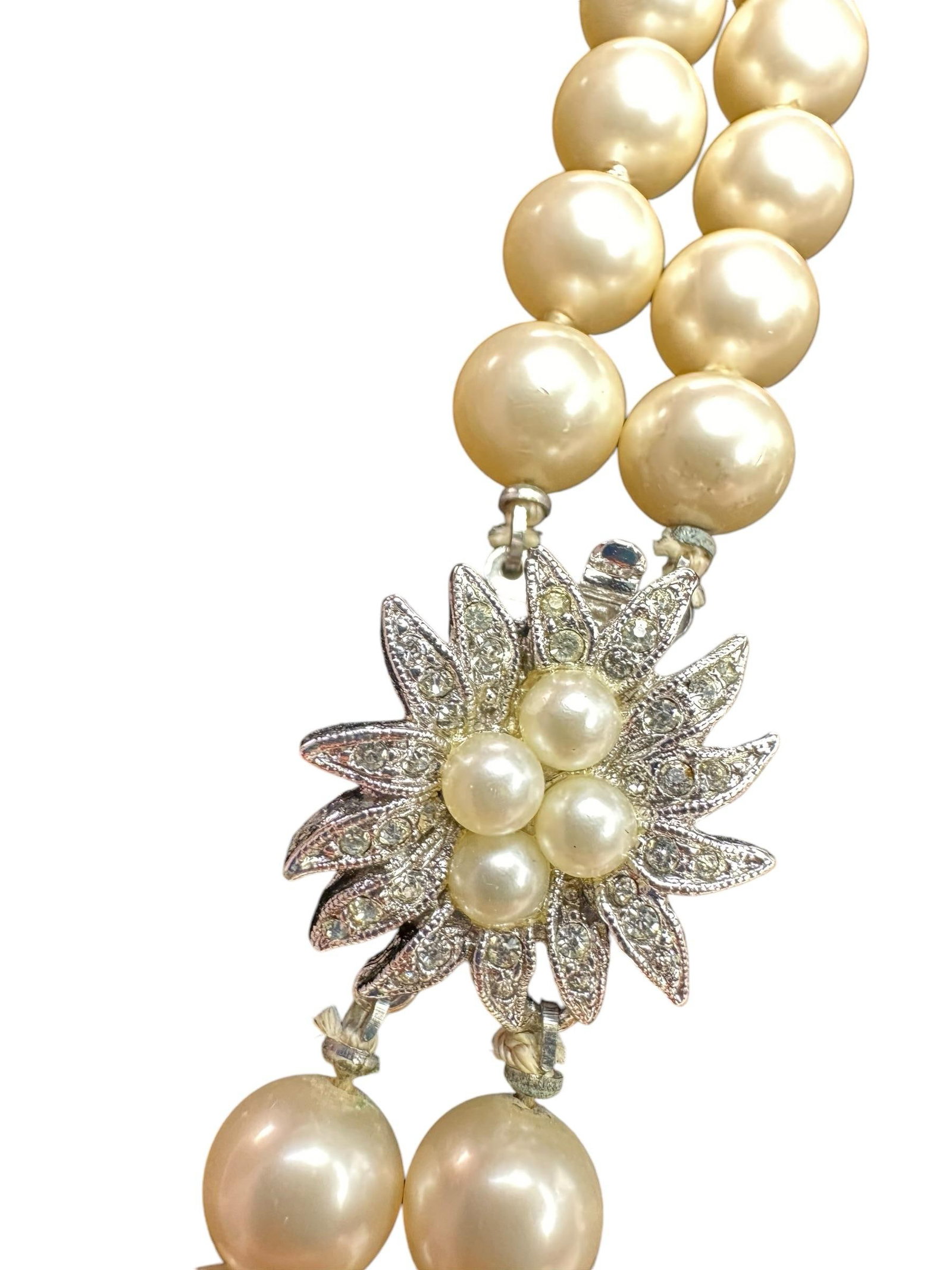 Mid 20th Century Marvella Double Strand Faux Pearl Necklace Silver Floral Rhinestone Clasp - 7