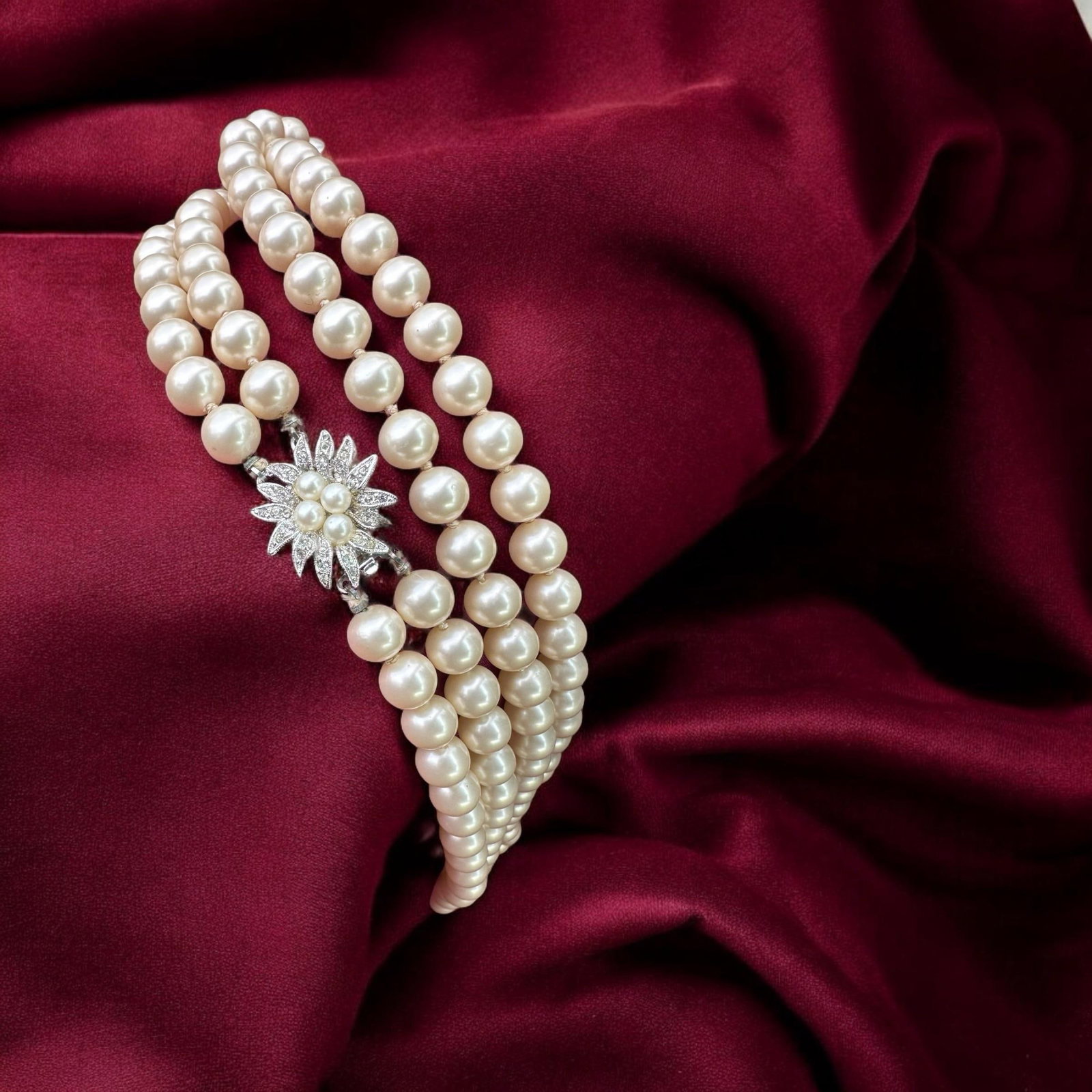 Mid 20th Century Marvella Double Strand Faux Pearl Necklace Silver Floral Rhinestone Clasp - 8