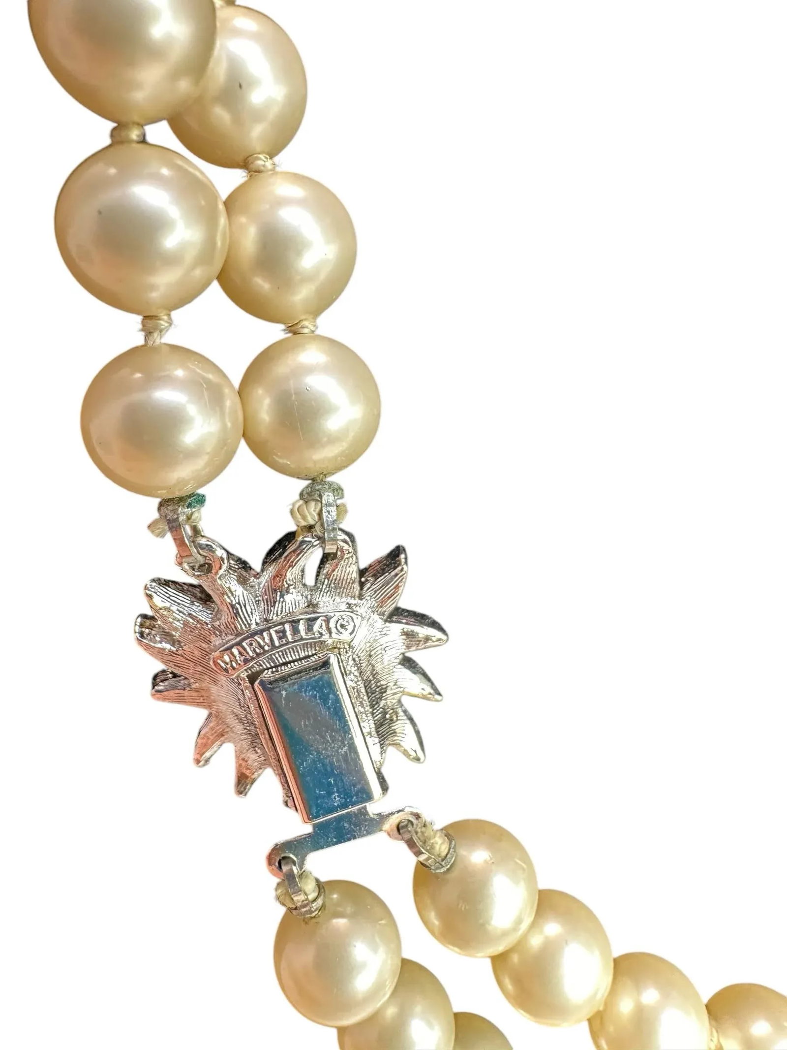 Mid 20th Century Marvella Double Strand Faux Pearl Necklace Silver Floral Rhinestone Clasp - 9