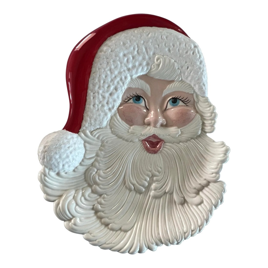 Vintage Large Santa Ceramic Serving Tray: Wonderful holland mold santa tray. The artist who painted this was quite good. I love the twinkle in the eyes and his smile. The back is signed by the artist as it was a gift. The sentiment on the