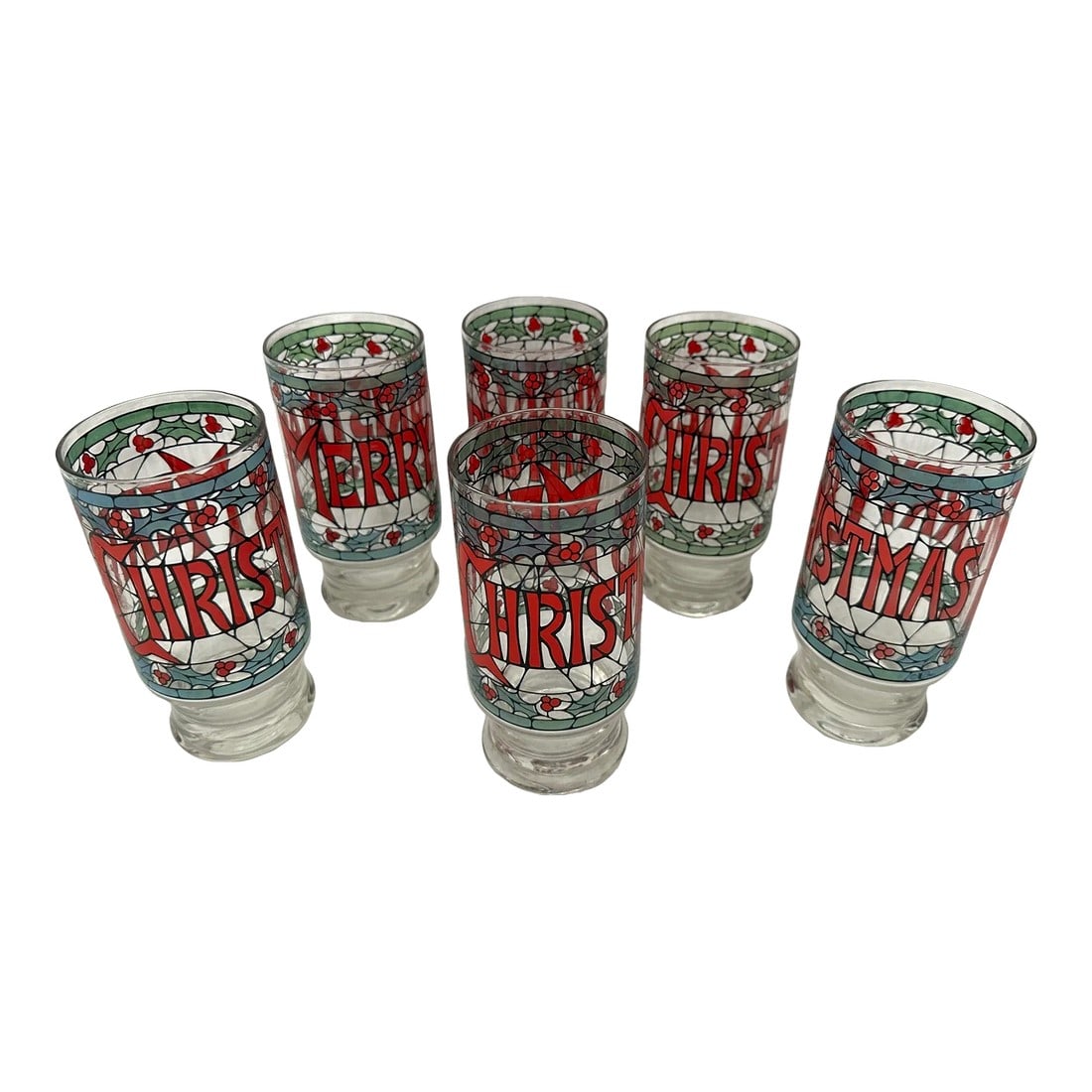 Vintage Merry Christmas by Cera Glass, Tumblers-Set of 6: Vintage Merry Christmas by Cera Tumblers a set of 6. Red and Green stained glass pattern with blue & green trim. Perfect for the holidays. 10oz 5.5in h x 2.75in w Make sure to follow me, I have