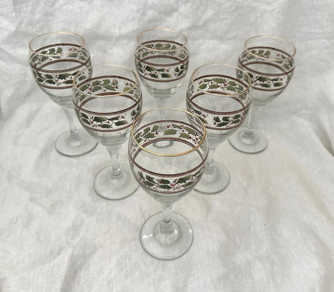 Vintage "Holly Holiday" Holly Berries Wine Glasses-Set of 6 - 7