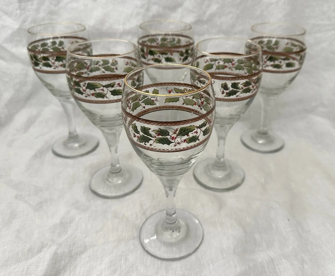 Vintage "Holly Holiday" Holly Berries Wine Glasses-Set of 6 - 8