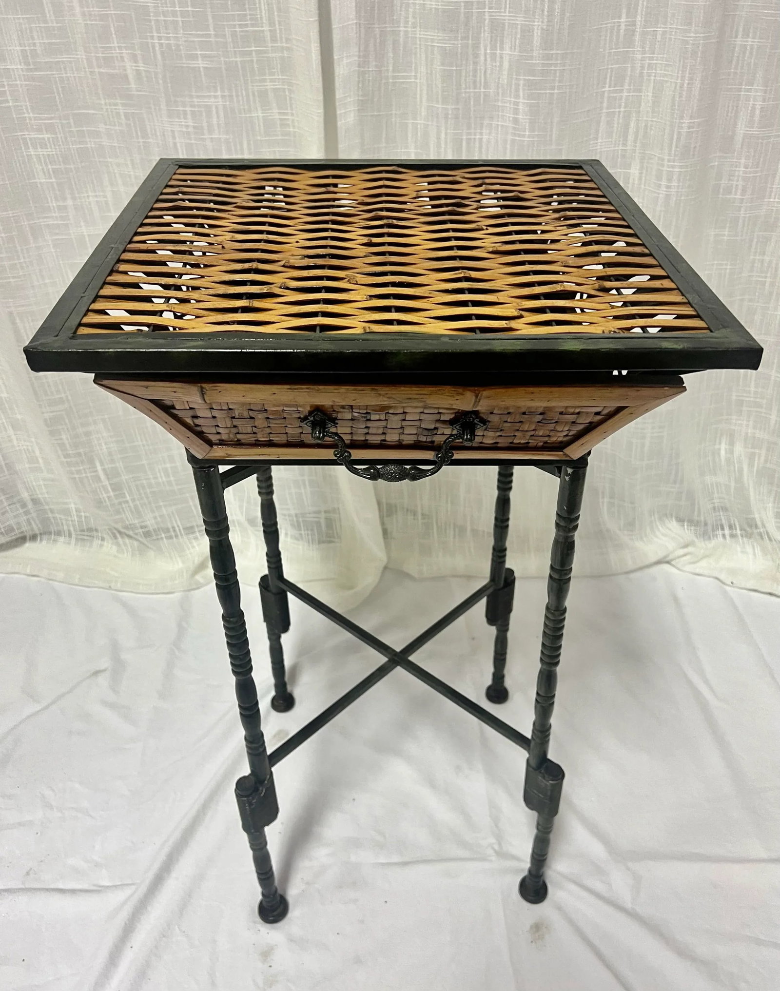 Vintage Burnt Bamboo and Rattan Side Table With Verdigris Faux Bamboo Foldable Metal Stand - 2