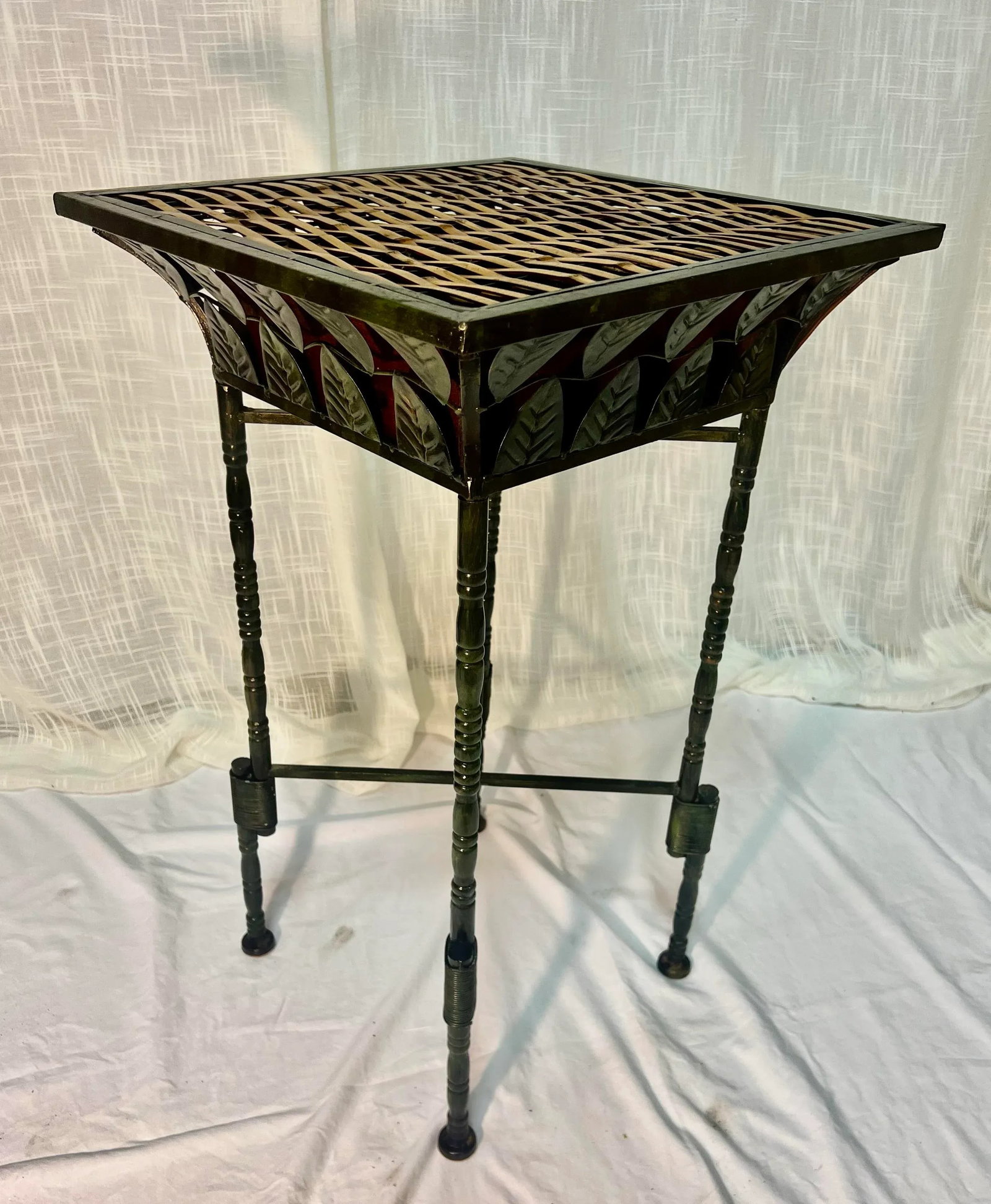 Vintage Burnt Bamboo and Rattan Side Table With Verdigris Faux Bamboo Foldable Metal Stand - 3