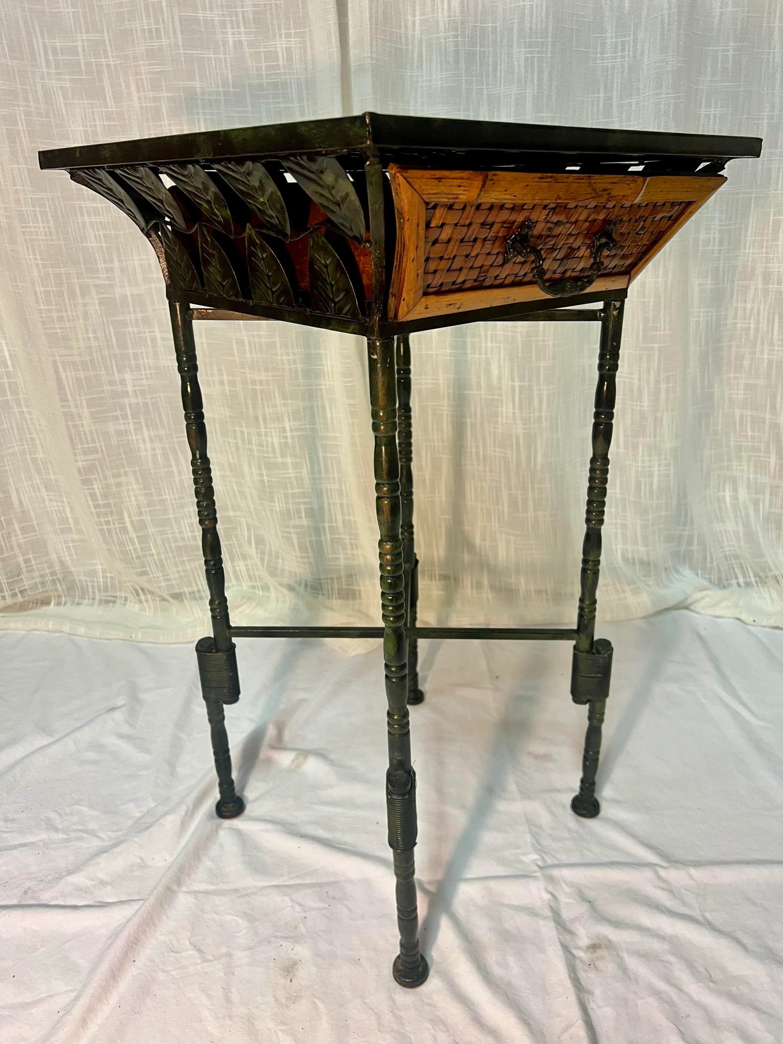Vintage Burnt Bamboo and Rattan Side Table With Verdigris Faux Bamboo Foldable Metal Stand - 4