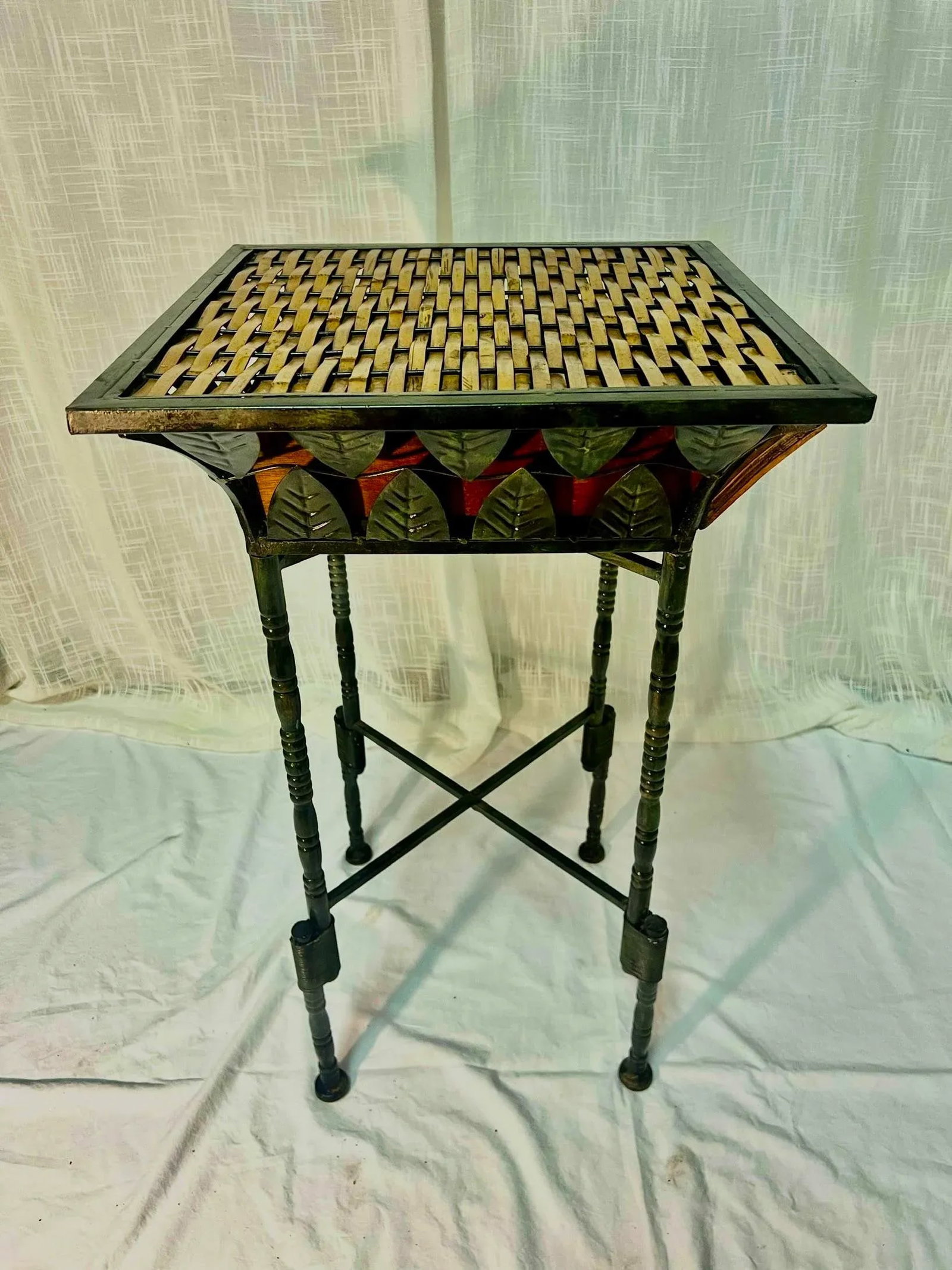 Vintage Burnt Bamboo and Rattan Side Table With Verdigris Faux Bamboo Foldable Metal Stand - 5