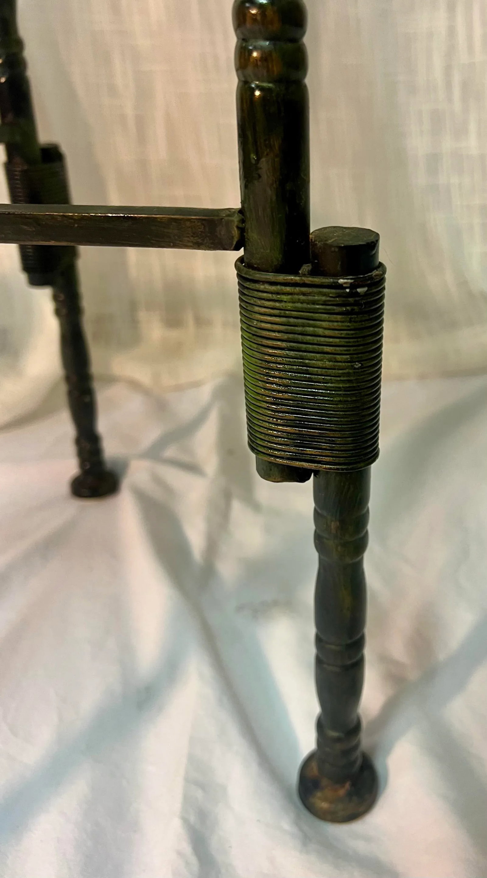 Vintage Burnt Bamboo and Rattan Side Table With Verdigris Faux Bamboo Foldable Metal Stand - 6