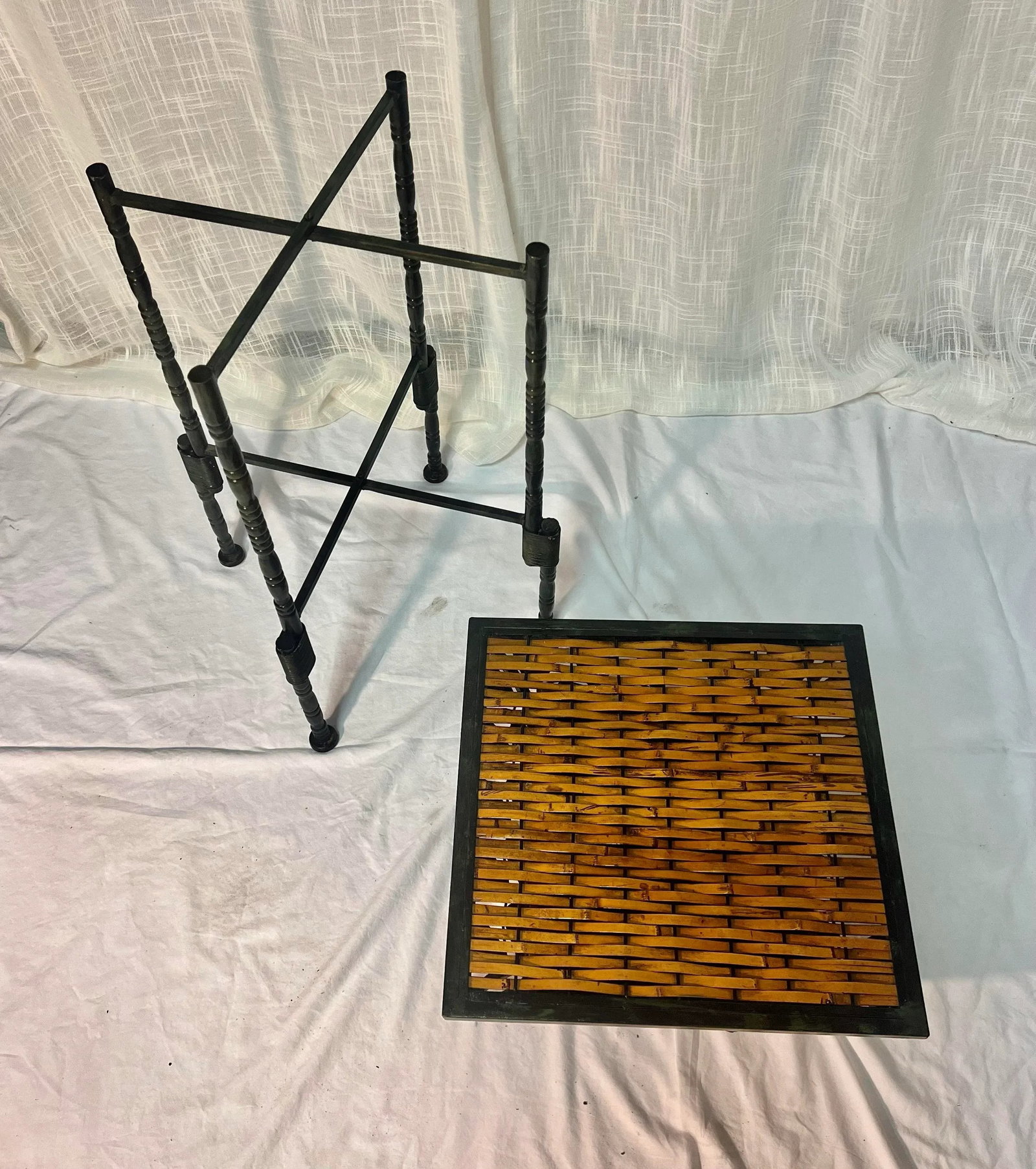 Vintage Burnt Bamboo and Rattan Side Table With Verdigris Faux Bamboo Foldable Metal Stand - 7