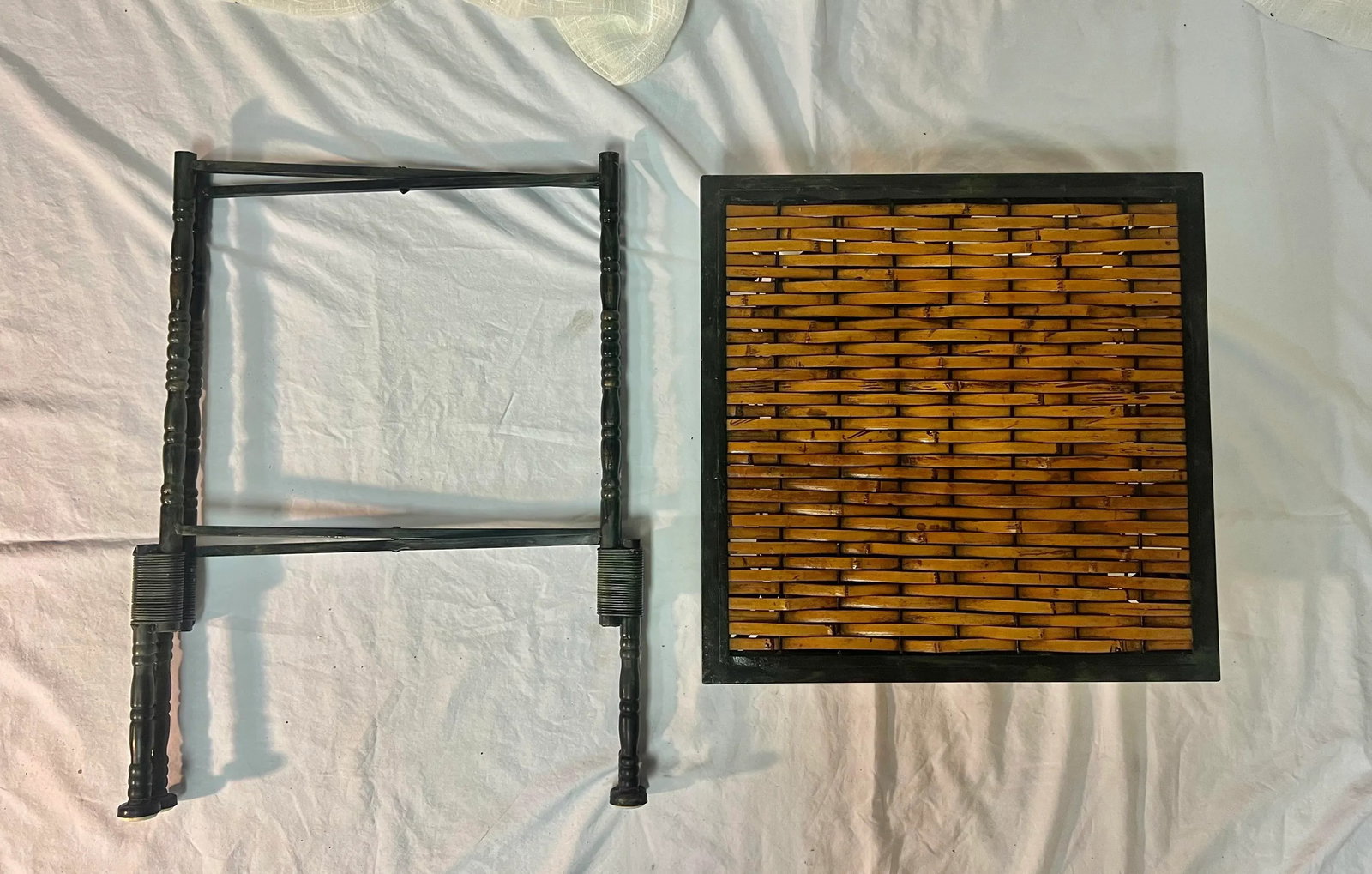 Vintage Burnt Bamboo and Rattan Side Table With Verdigris Faux Bamboo Foldable Metal Stand - 8