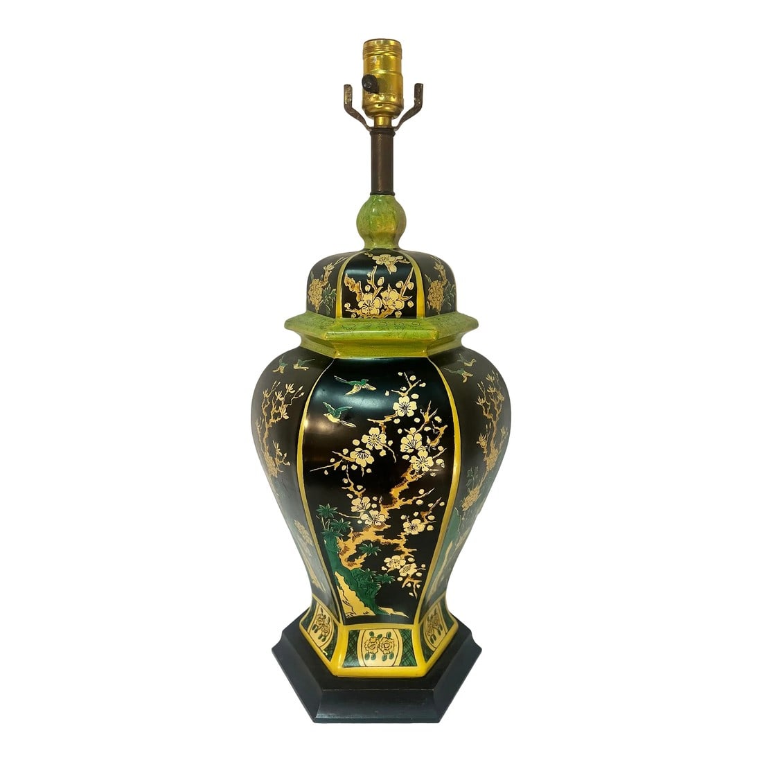1970s Hand-Painted Hexagonal "Famille Noire" Ginger Jar Lamp - Turtle and Crane - Emerald & Gold Chi: This bespoke Turtle and Crane masterpiece is a rare hexagonal tribute to the iconic Famille Noire porcelain tradition. Unlike mass-produced modern lamps, this vintage ginger jar features a high-gloss