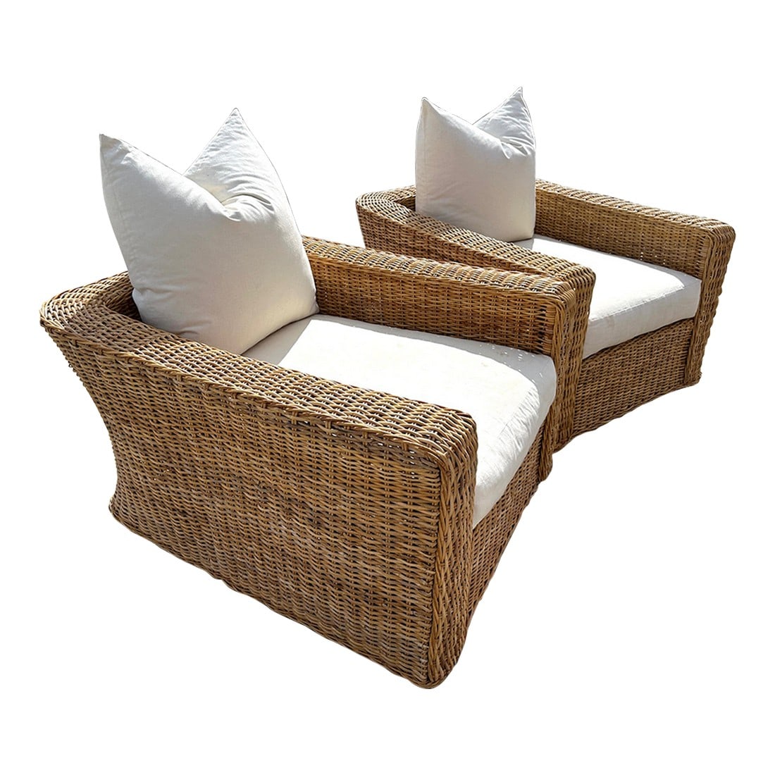 Pair of Michael Taylor Style Oversized Woven Rattan Lounge Chairs: Beautiful Pair of Oversized Woven Rattan Cube shaped lounge/Club Chairs in the style of Michael Taylor. The chairs feature a large bamboo and wood frame covered with woven rattan, thick wicker w/braid