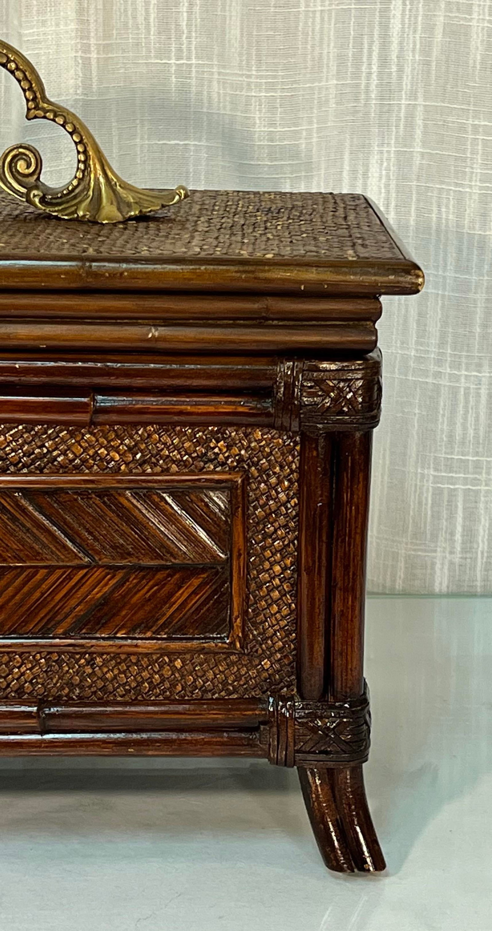 Chic Vintage Large Faux Bamboo and Rattan Memory Keepsake Box With Decorative Brass Handle - 5