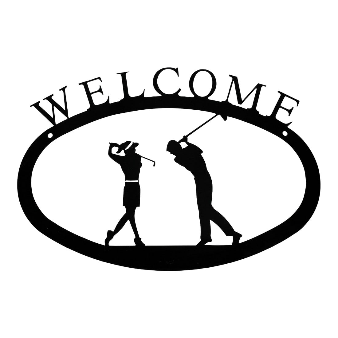 Metal Welcome Sign Golf Theme: Welcome guests to your home with this lovely golf themed sign. Black painted metal depicting a couple playing golf. Comes with two screws for hanging. Condition: Alterations: Original Condition