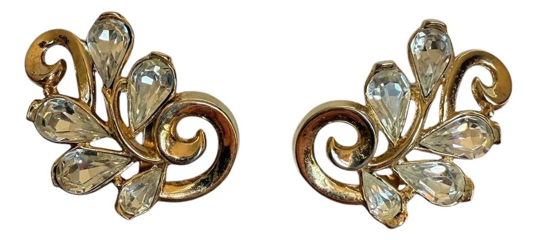 Mid 20th Century Vintage Trifari Gold Rhinestone Clip on Earrings, A Pair (1 of 11)