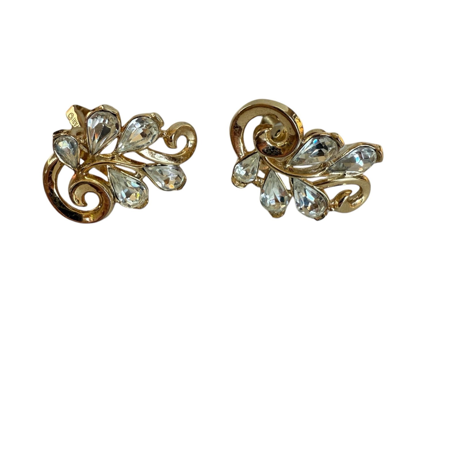 Mid 20th Century Vintage Trifari Gold Rhinestone Clip on Earrings, A Pair - 2