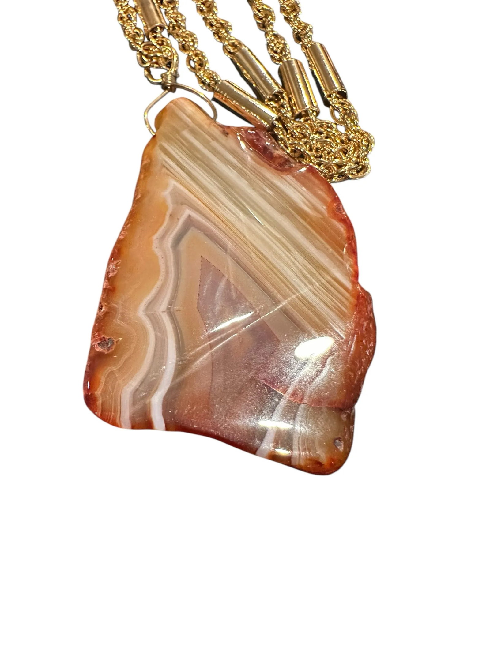 Late 20th Century Signed Yochi New York Natural Agate Slab Gold Tone Necklace - 11