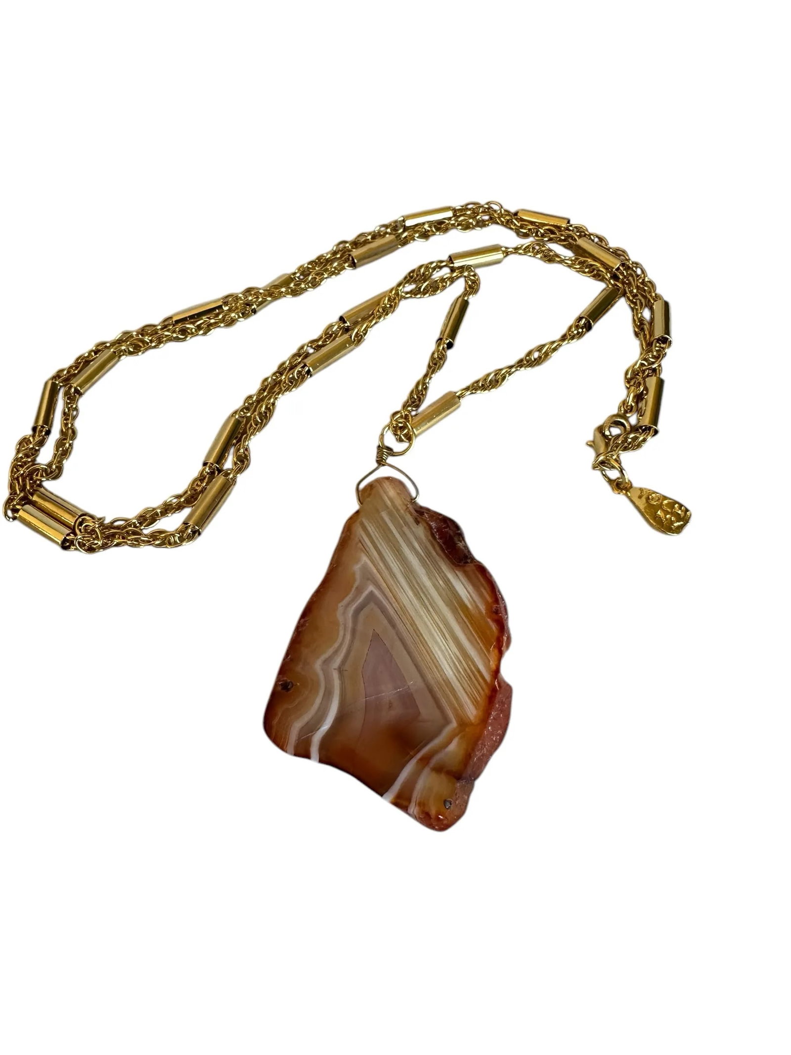 Late 20th Century Signed Yochi New York Natural Agate Slab Gold Tone Necklace - 2