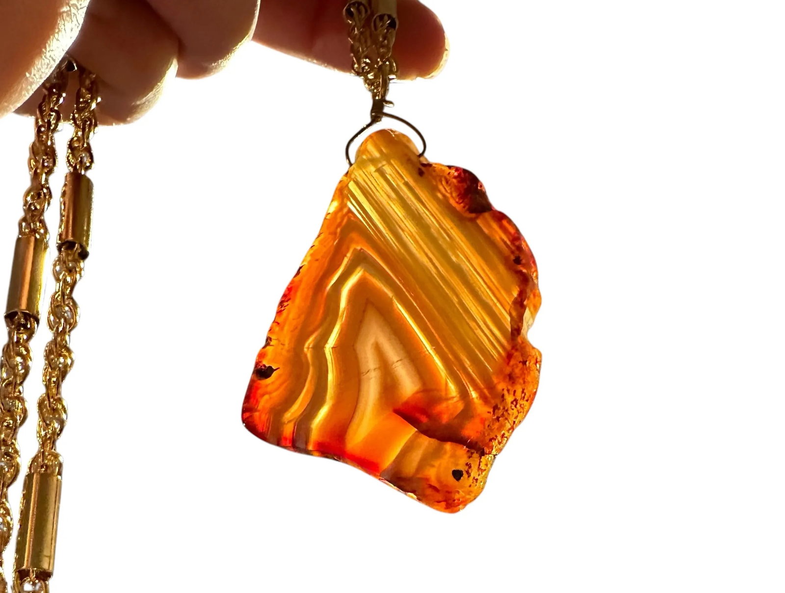 Late 20th Century Signed Yochi New York Natural Agate Slab Gold Tone Necklace - 3