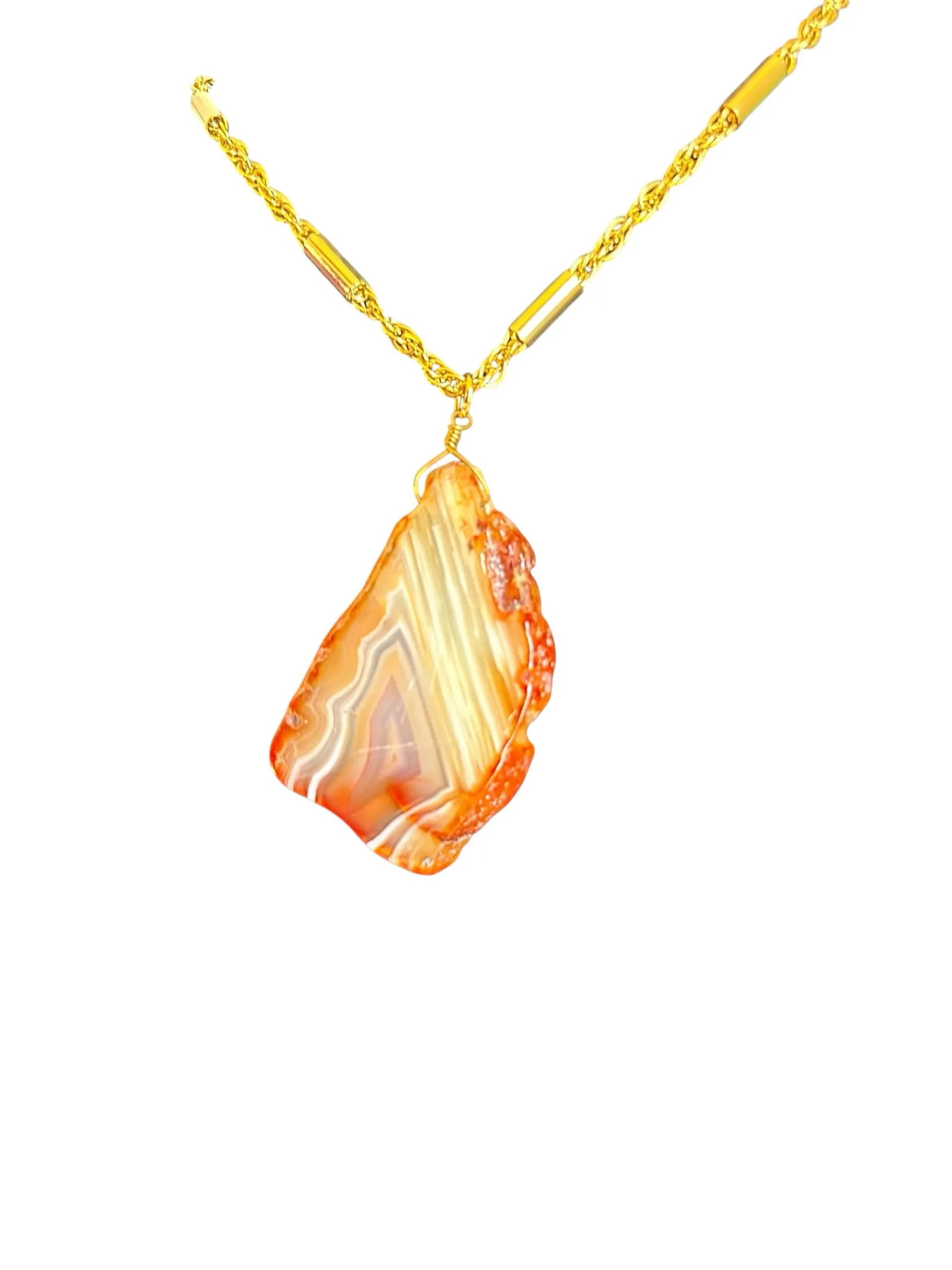 Late 20th Century Signed Yochi New York Natural Agate Slab Gold Tone Necklace - 4