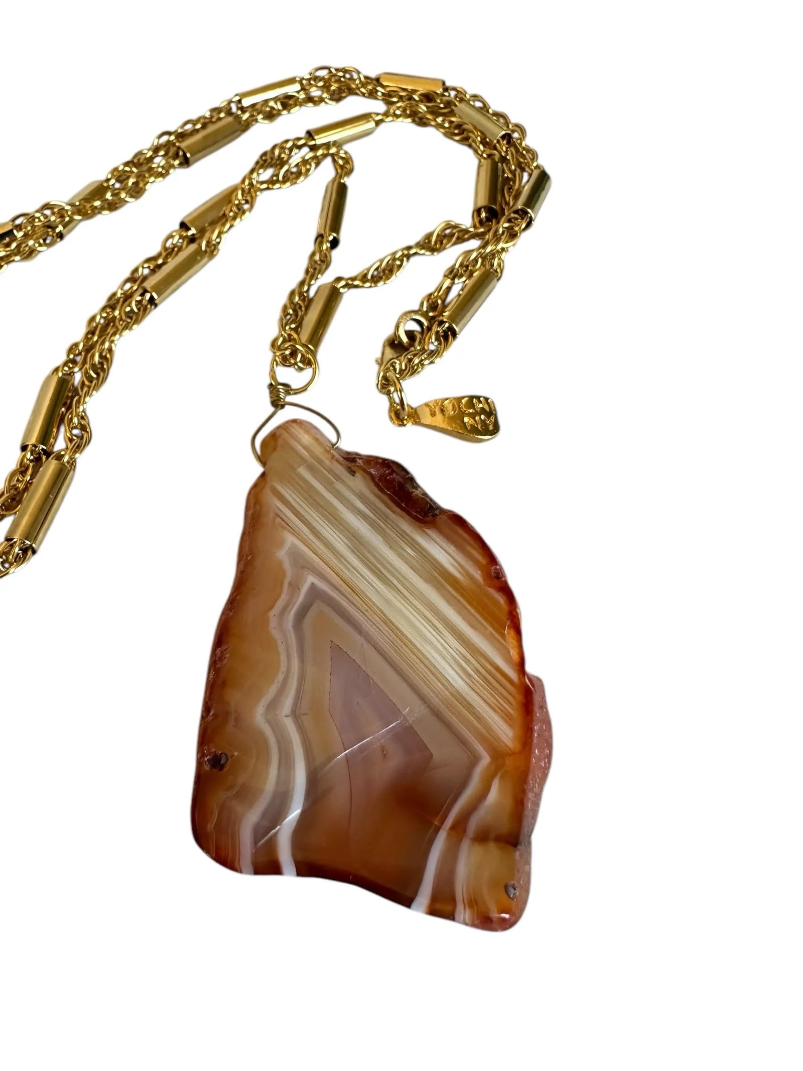 Late 20th Century Signed Yochi New York Natural Agate Slab Gold Tone Necklace - 6