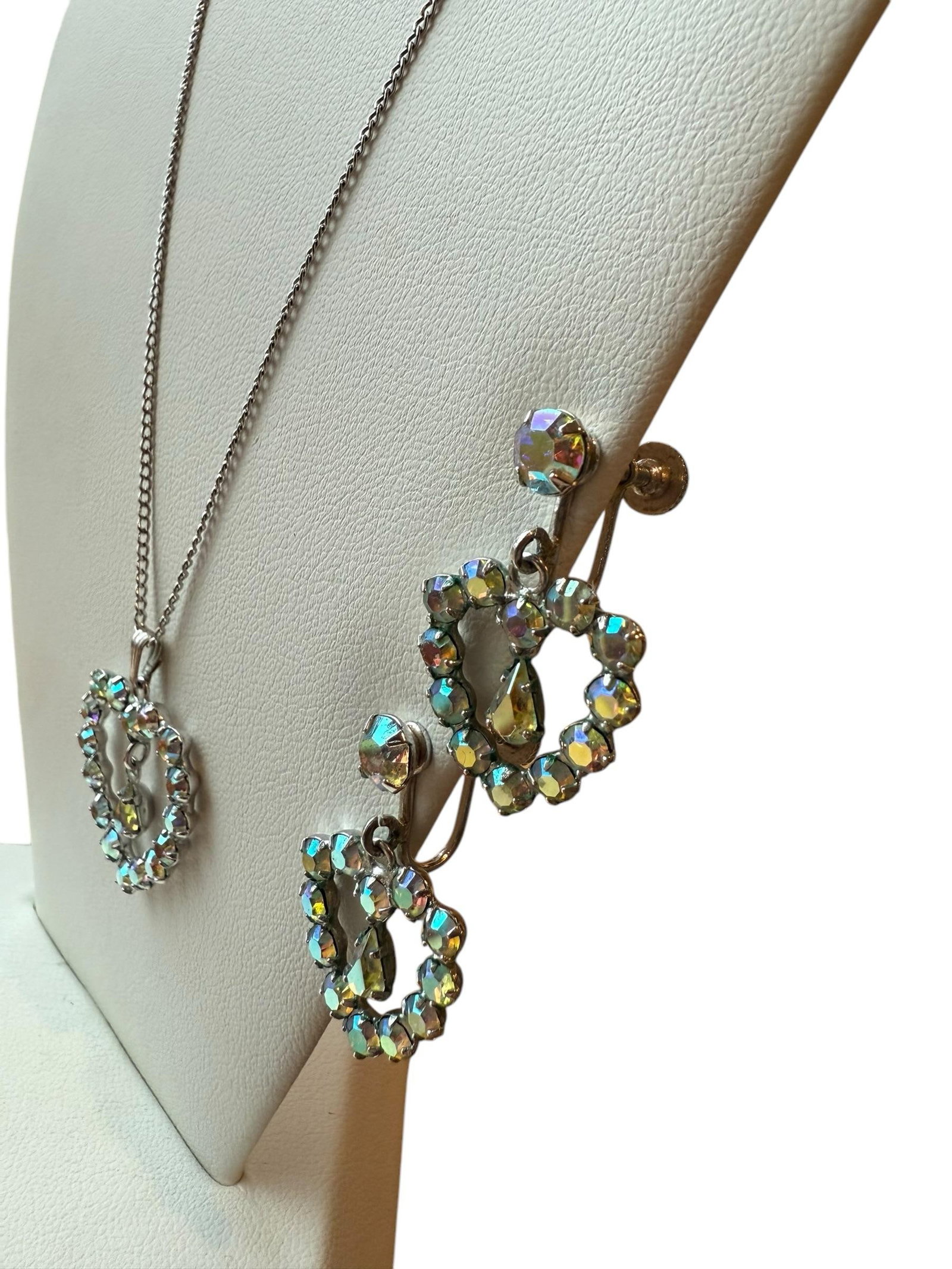 Mid 20th Century B David Aurora Borealis Rhinestone Earrings Necklace Heart Set Marked Sterling - 3 - 10