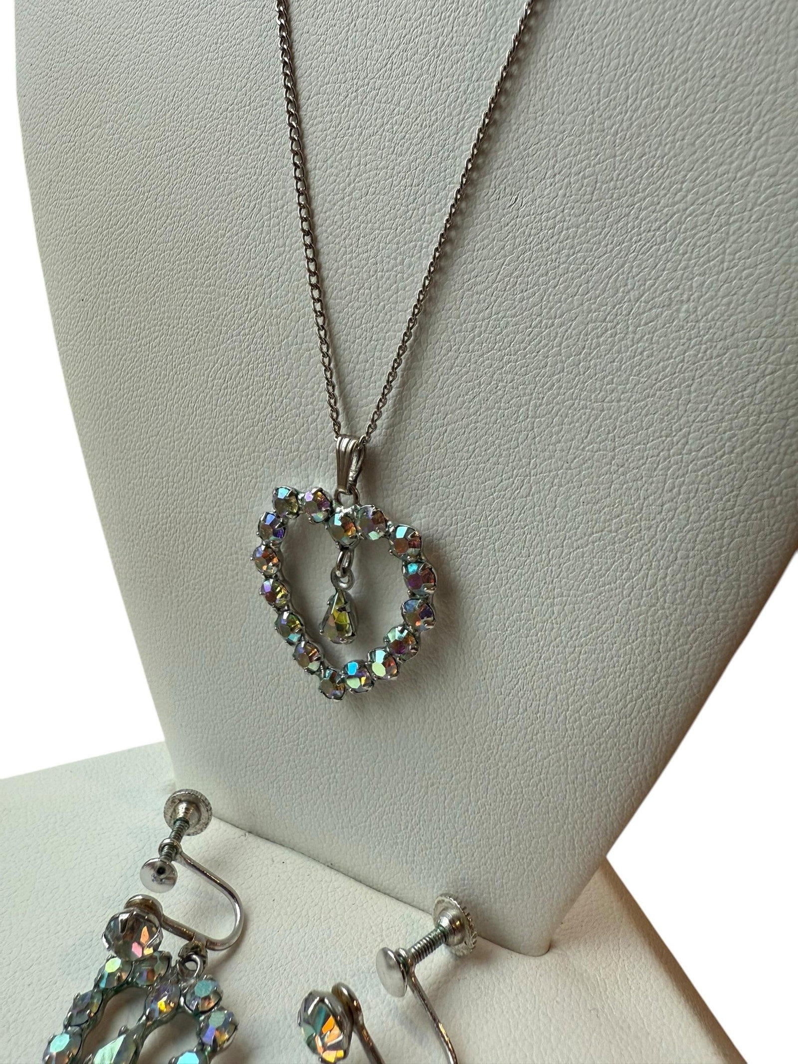 Mid 20th Century B David Aurora Borealis Rhinestone Earrings Necklace Heart Set Marked Sterling - 3 - 11